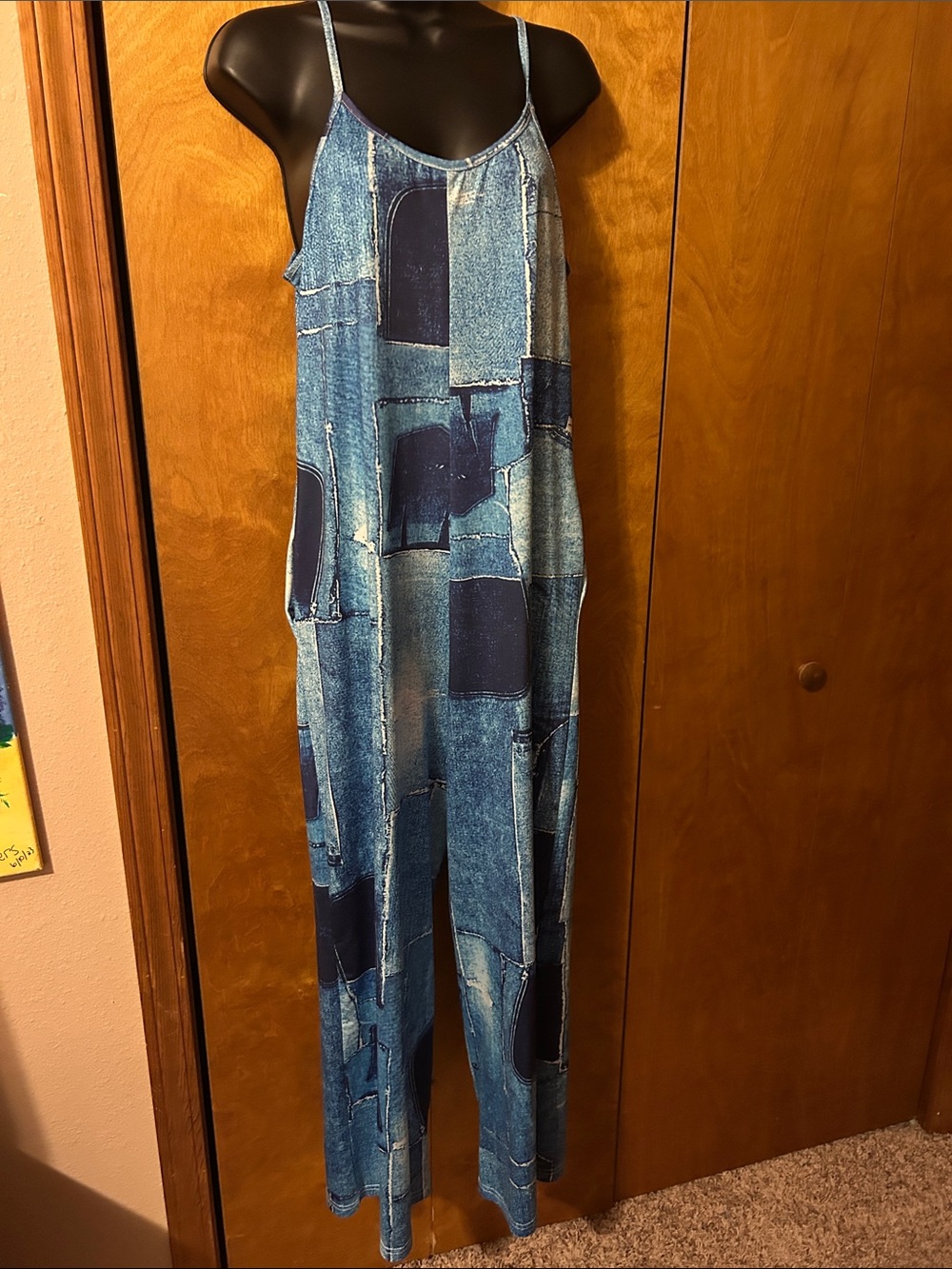 Blue Patchwork Denim-Print Jumpsuit